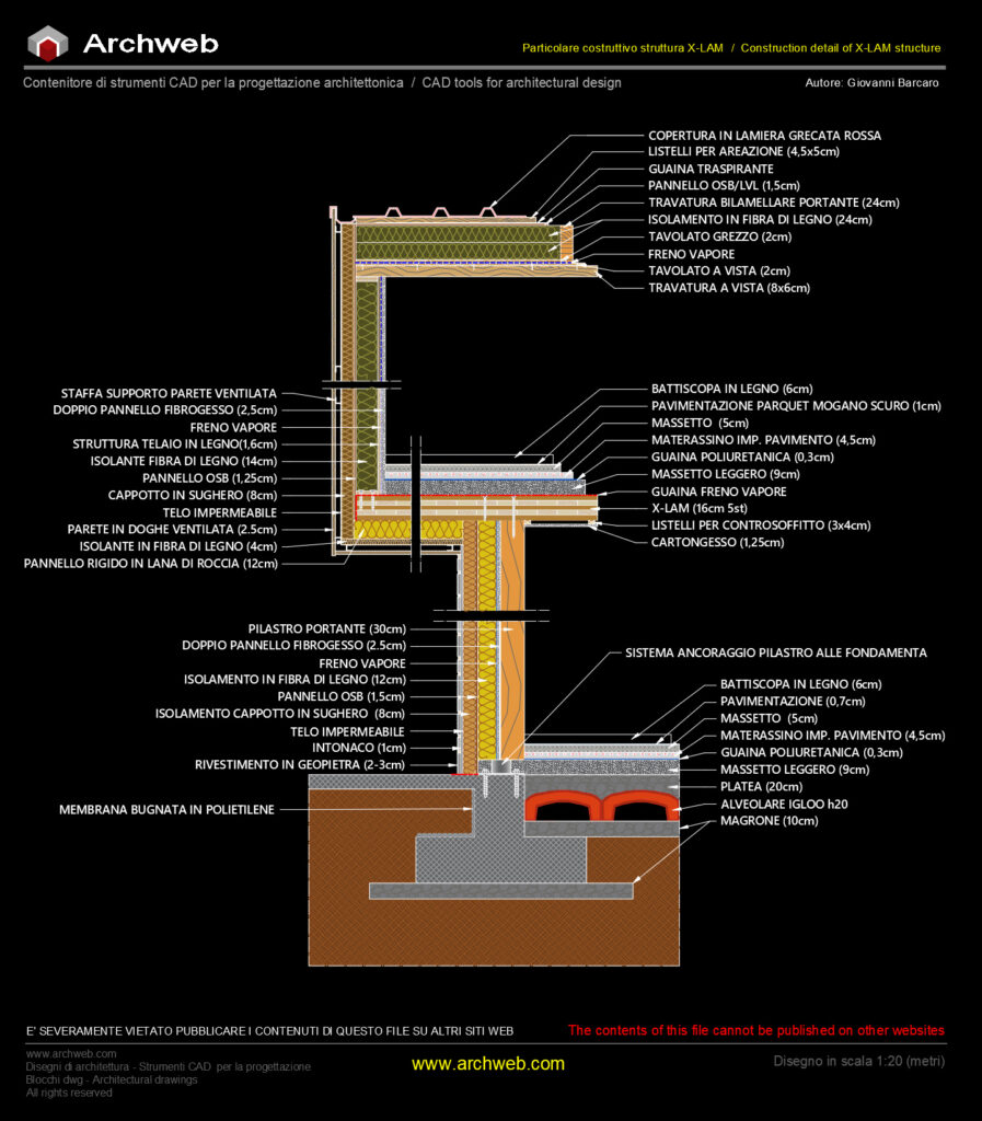 Particolare costruttivo con struttura X-LAM - Disegno cad - Archweb