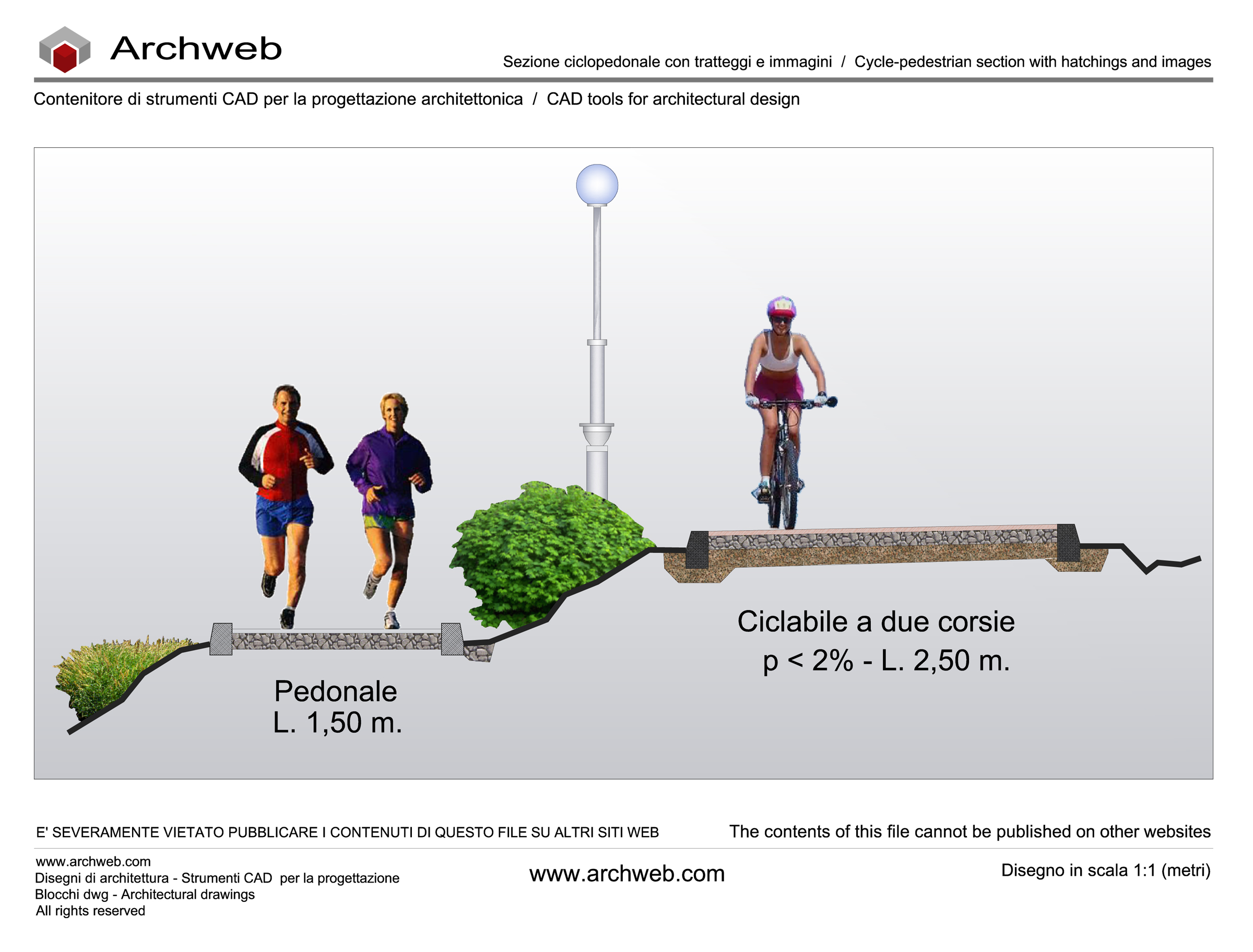Cycle-pedestrian section with raster images and textures 01. 1:100 scale drawing - Archweb cad block