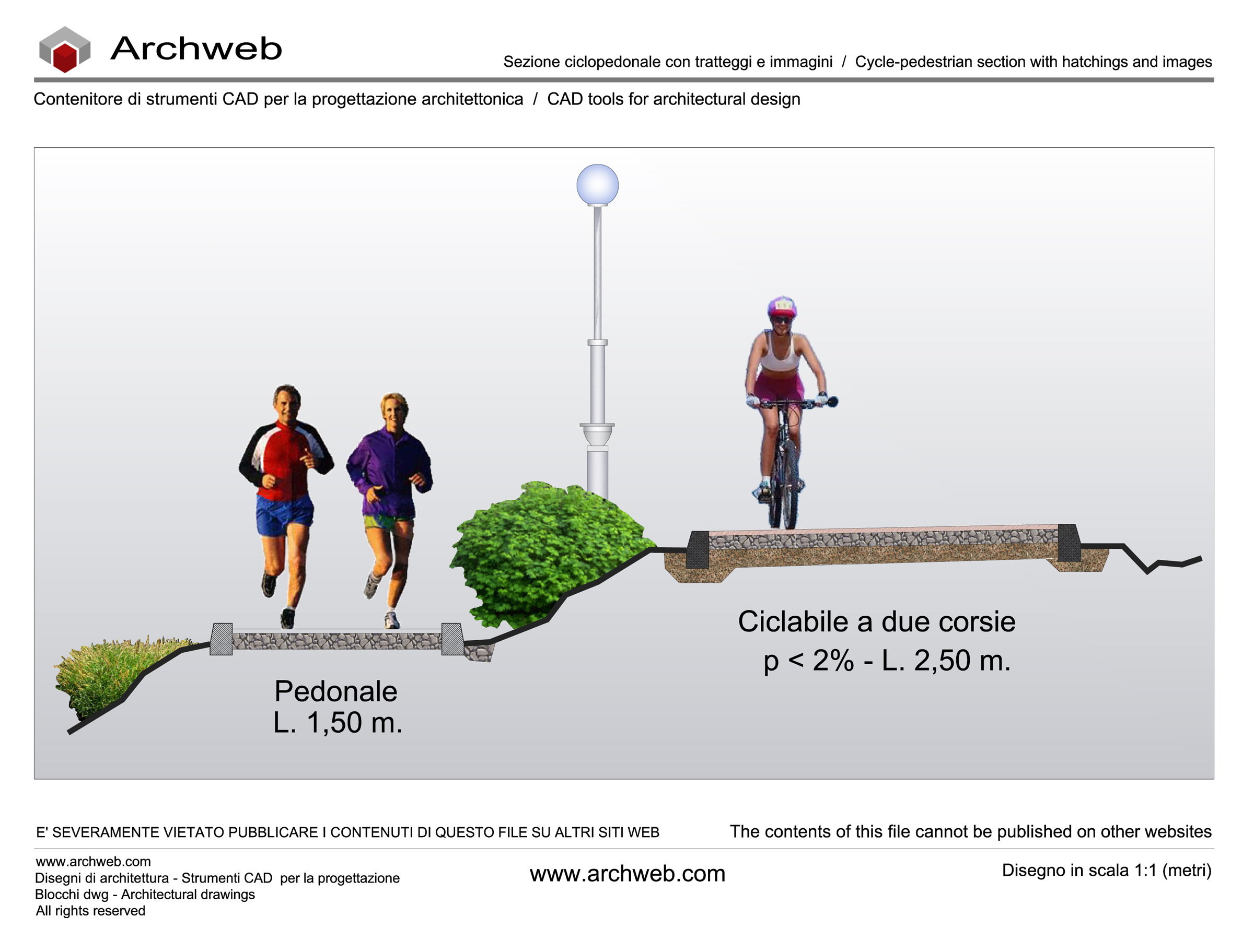 Sezione ciclopedonale con immagini raster e textures 01. Disegno in scala 1:100 - Archweb dwg