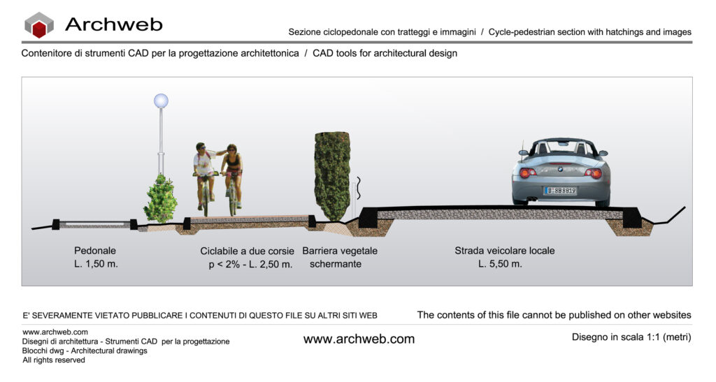 Sezione ciclopedonale con immagini raster e textures 02. Disegno in scala 1:100 - Archweb dwg