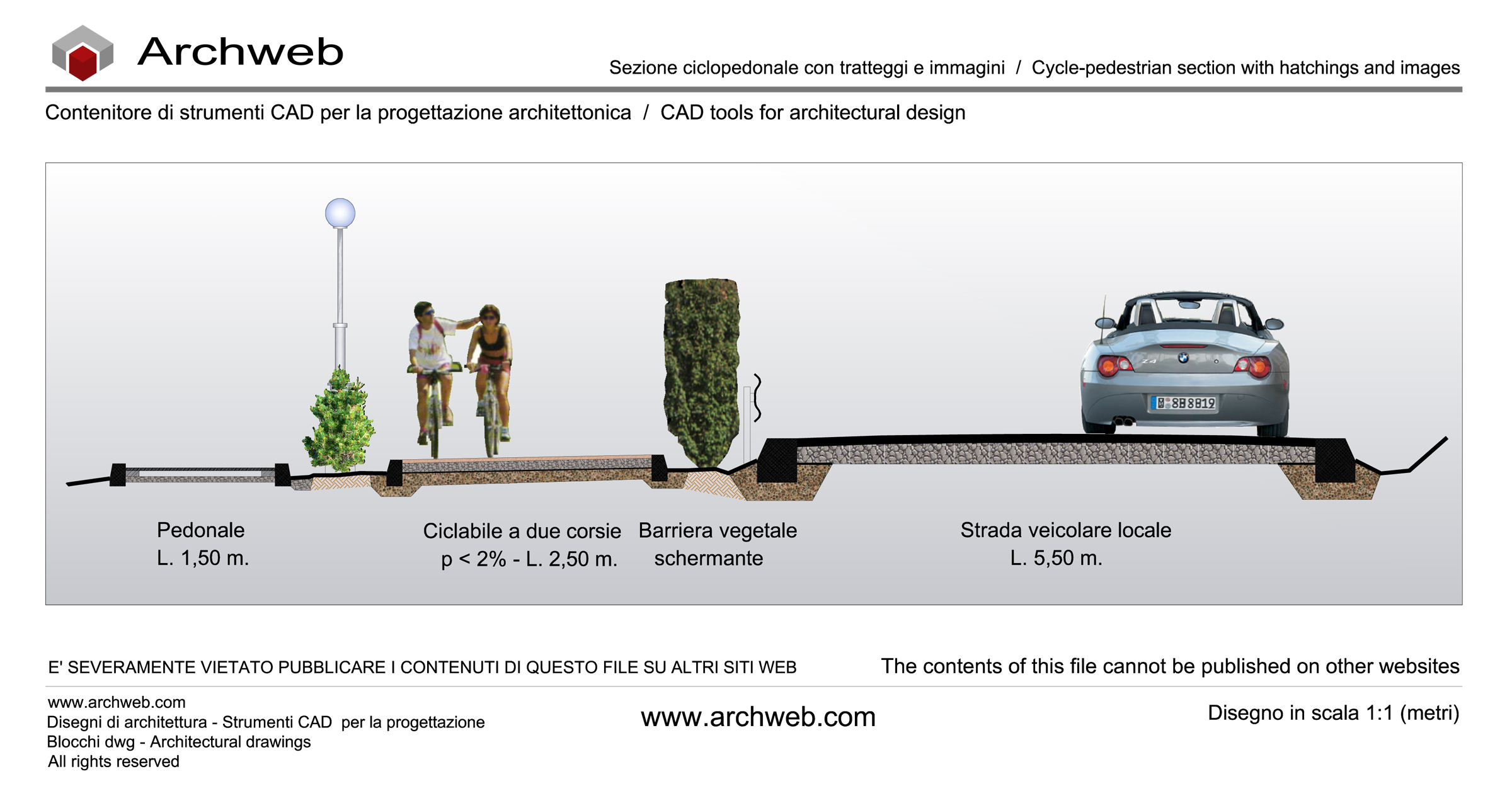 Sezione ciclopedonale con immagini raster e textures 02. Disegno in scala 1:100 - Archweb dwg