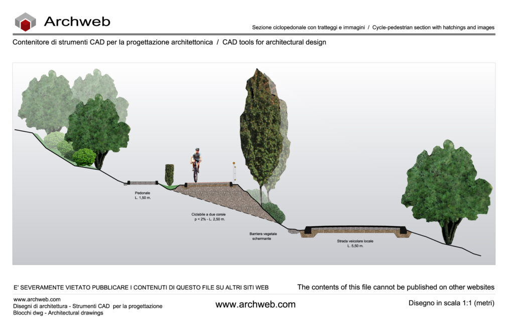 Cycle-pedestrian section with raster images and textures 04. 1:100 scale drawing - Archweb cad block