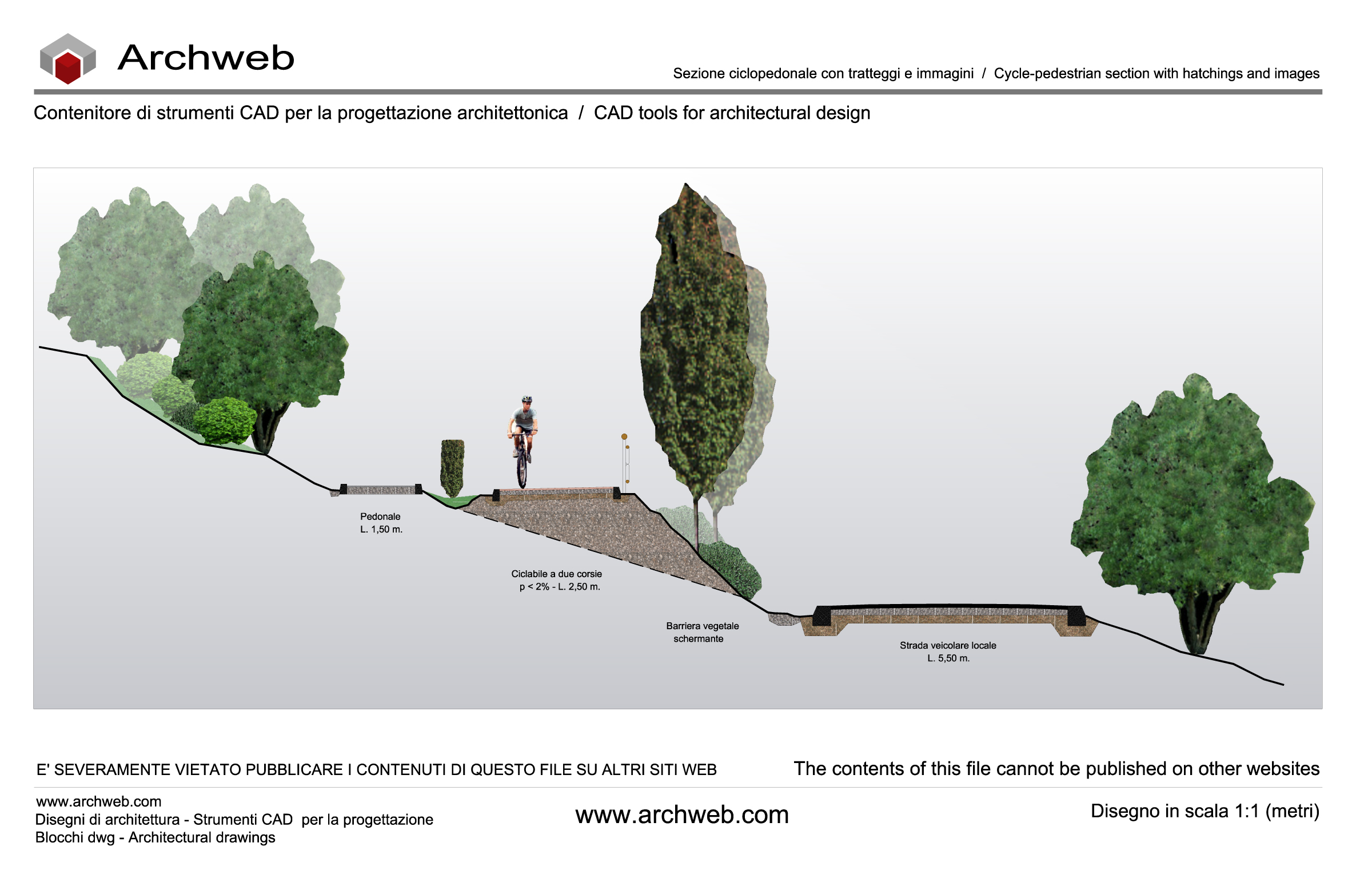 Sezione ciclopedonale con immagini raster e textures 04. Disegno in scala 1:100 - Archweb dwg