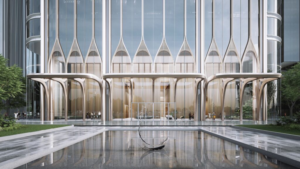 Torre Yuekai Asset Management a Guangzhou (Cina) progettata dallo studio di architettura e design Aedas: ingresso