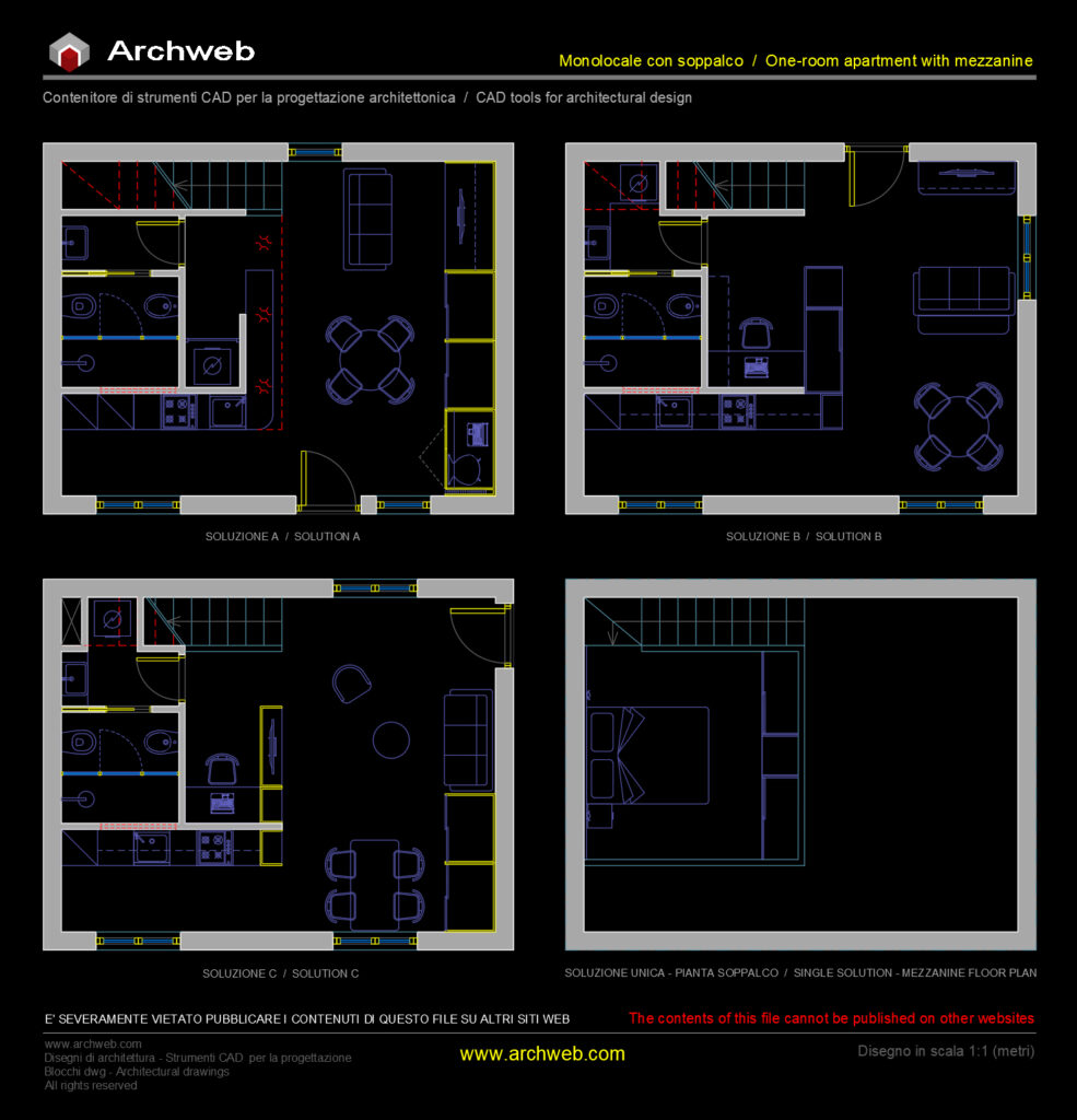 Monolocale con soppalco 01 cad Archweb
