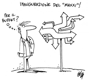 Inaugurazione del MAXXI! La vignetta rappresenta una persona che cerca il bar e rimane perplesso di fronte ad un cartello di indicazione pieno di curve e controcurve, praticamente come la pianta del progetto di Zaha Hadid