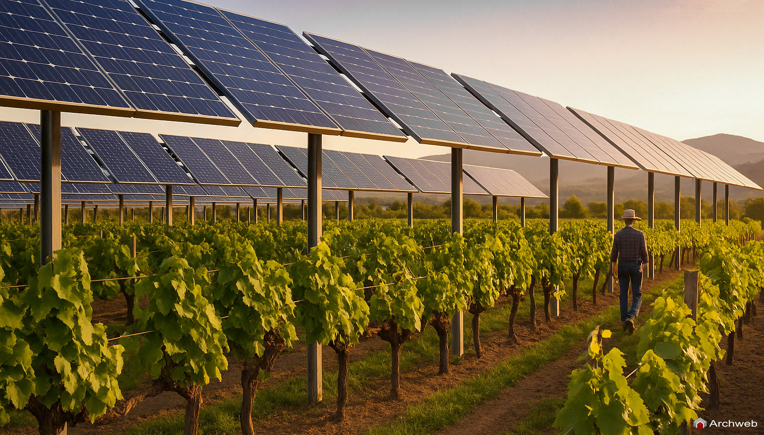 Agrivoltaico. Immagine di pannelli fotovoltaici con sottostante vigna