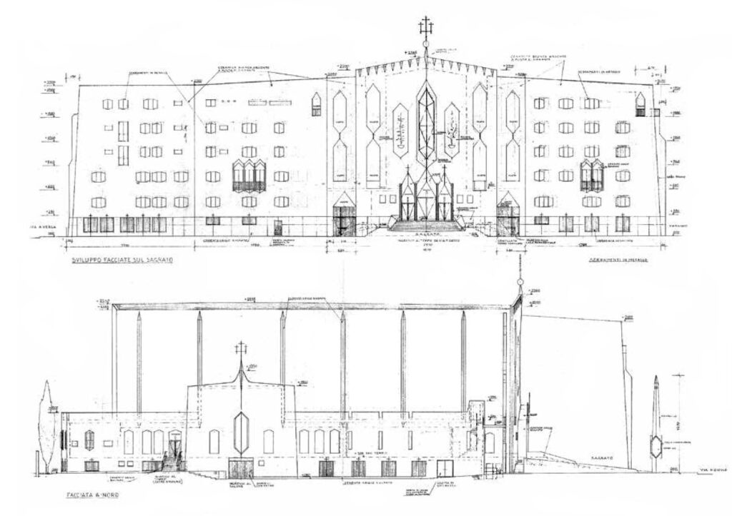 Chiesa di San Francesco d’Assisi al Fopponino a Milano. Progetto, prospetto frontale e laterali