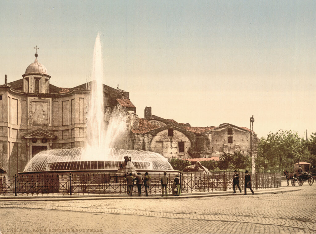 Fontana delle Naiadi a Piazza della Repubblica a Roma. Data: tra il 1890 e il 1900 Fotografia © Photochrom Print Collection.
