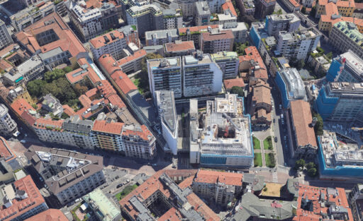 Complesso Corso Italia a Milano. Progetto di Luigi Moretti. Foto aerea © Google Maps