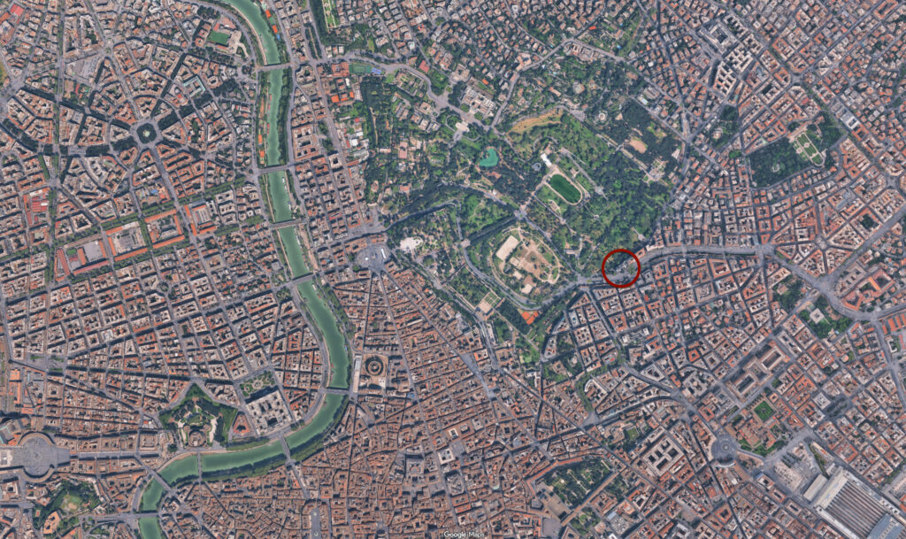 Hotel Jolly a Roma progettato da Vincenzo Monaco e costruito tra il 1969 e il 1971. Foto aerea Google Maps