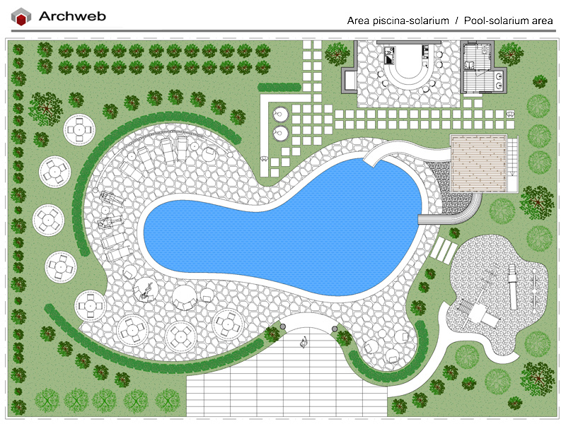 Dwg di un'area piscina solarium per alberghi e strutture ricettive