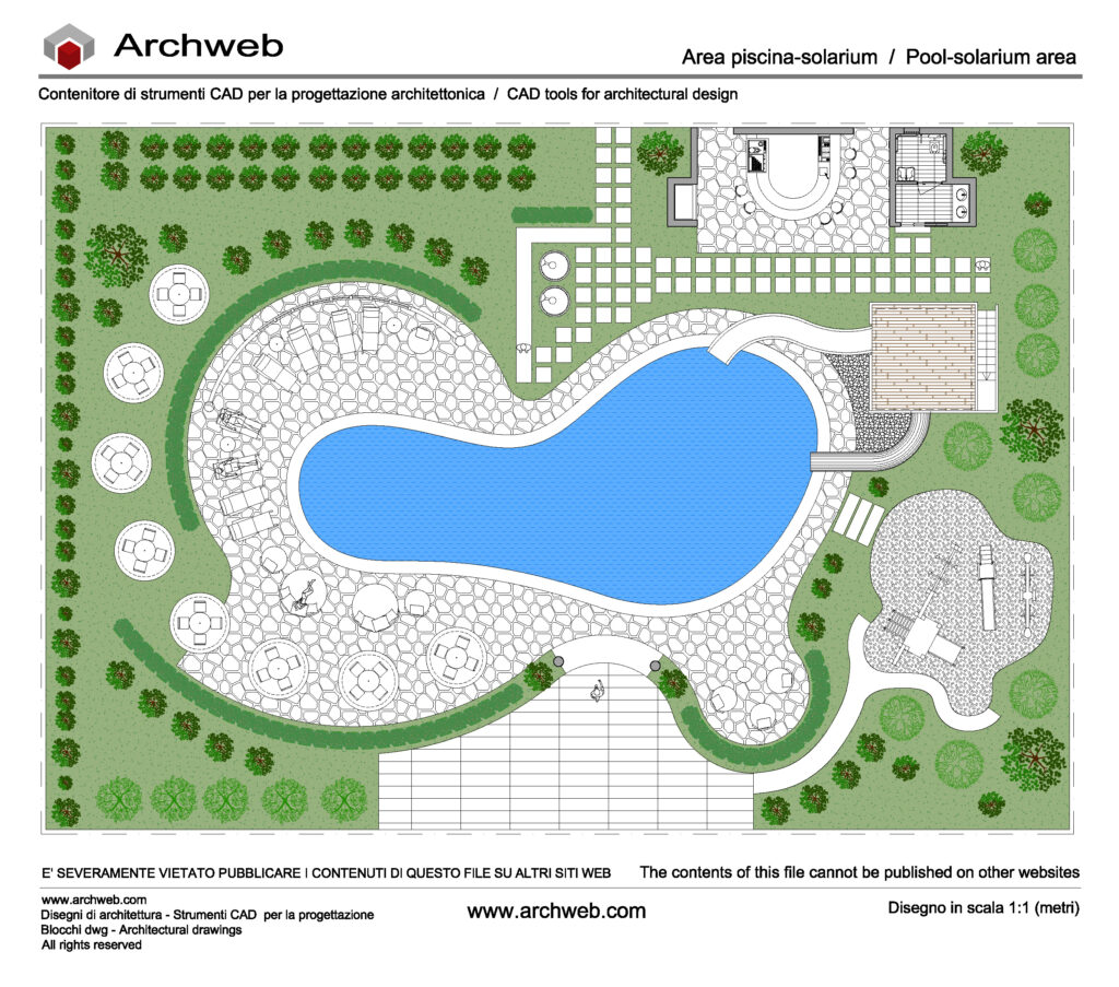Dwg di un'area piscina solarium per alberghi e strutture ricettive