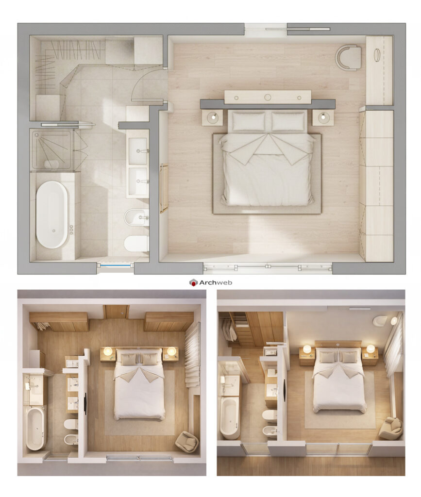 Camera da letto con bagno interno e armadiature. Pianta dwg in scala 1:100