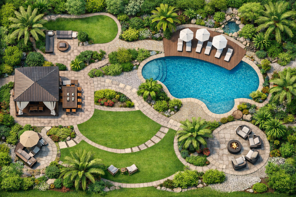 Piscina con giardino 08 planimetria render Archweb