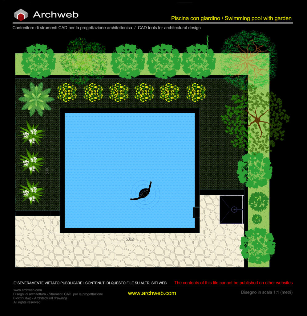 Schema progettuale per un giardino con piscina.