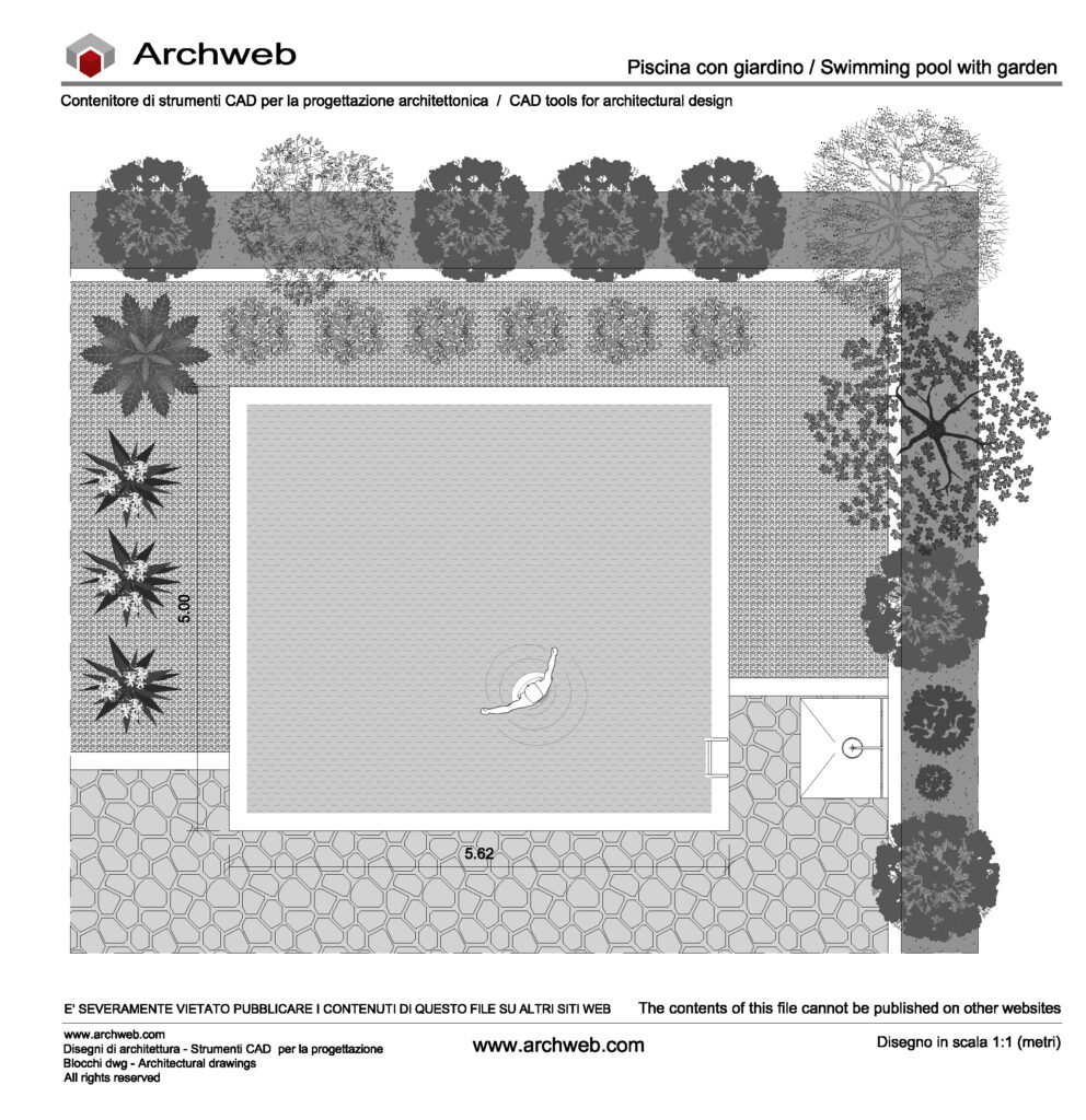 Schema progettuale per un giardino con piscina.