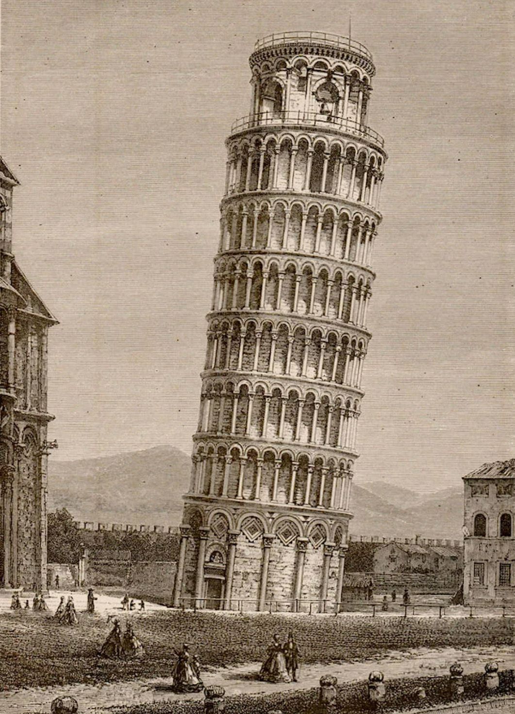 Torre di Pisa. Incisione di P. Richner del 1881