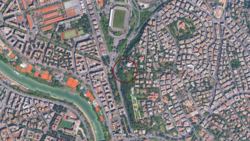Vista aerea della Casa a ville sovrapposte Minciaroni nel quartiere Parioli di Roma