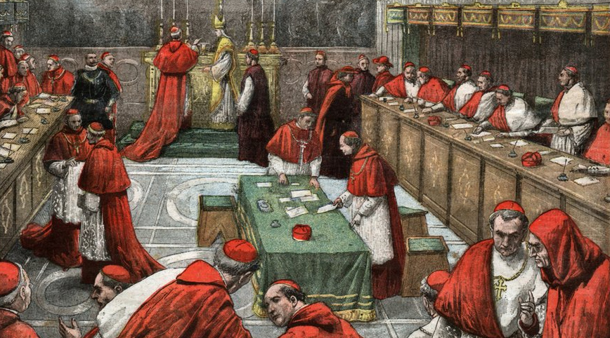 Rappresentazione di un conclave per l’elezione del papa. Lo stile sembra quello di un’illustrazione storica ottocentesca