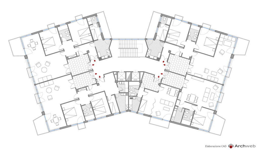 CAD design of a plan of the Cassiopea building faithful to the original project