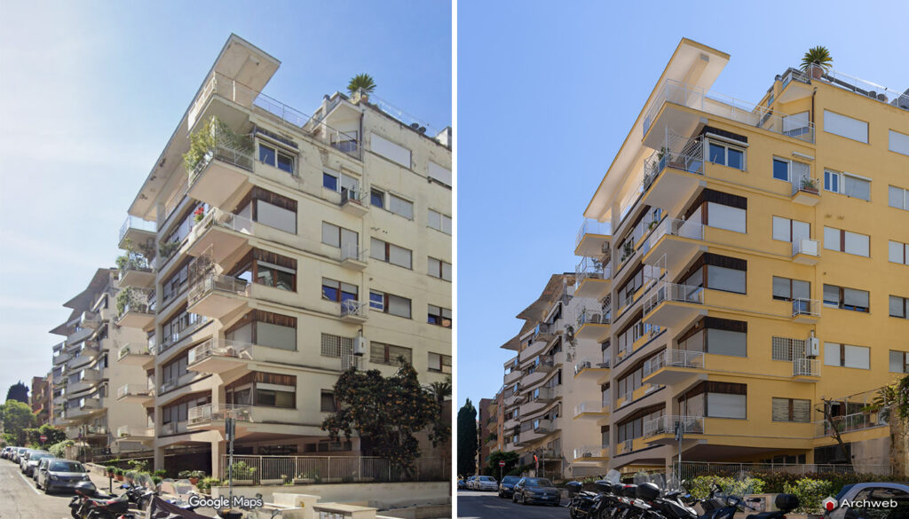 Comparison between the original white color of the Cassiopea building and the yellow applied with the 2025 renovation
