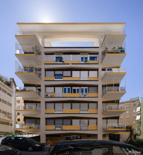 View of the main facade of the Cassiopea building seen from Via Archimede