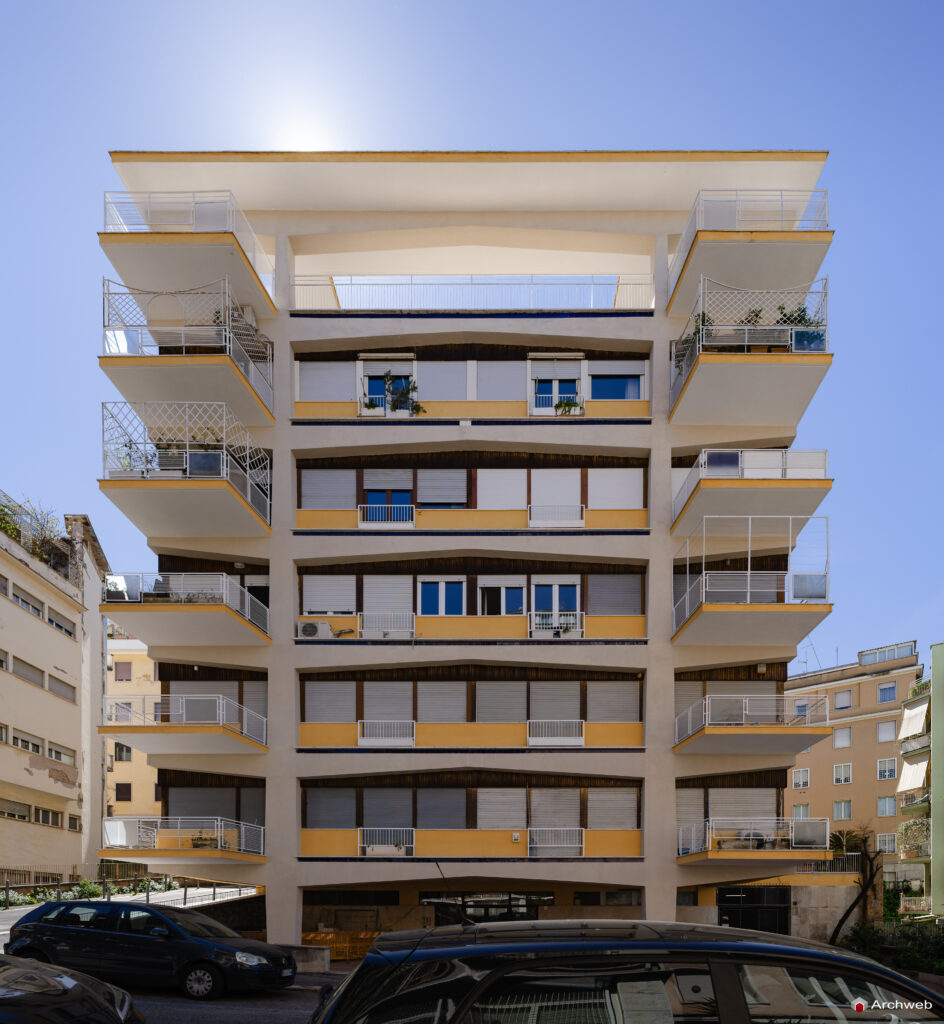 View of the main facade of the Cassiopea building seen from Via Archimede