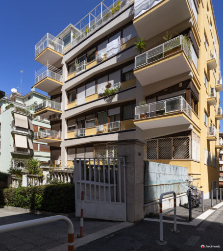 Rear facade of the Cassiopea building; three-quarter view from Via Barnaba Tortolini