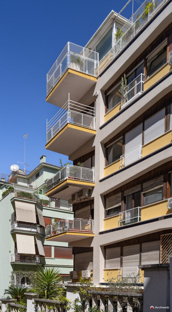 Rear facade of the Cassiopea building; three-quarter view from Via Barnaba Tortolini