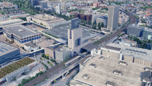 Il Masse Torhaus, grattacielo nel quartiere fieristico Francoforte, progettato da Oswald Mathias Ungers - Fotografie © Google Maps