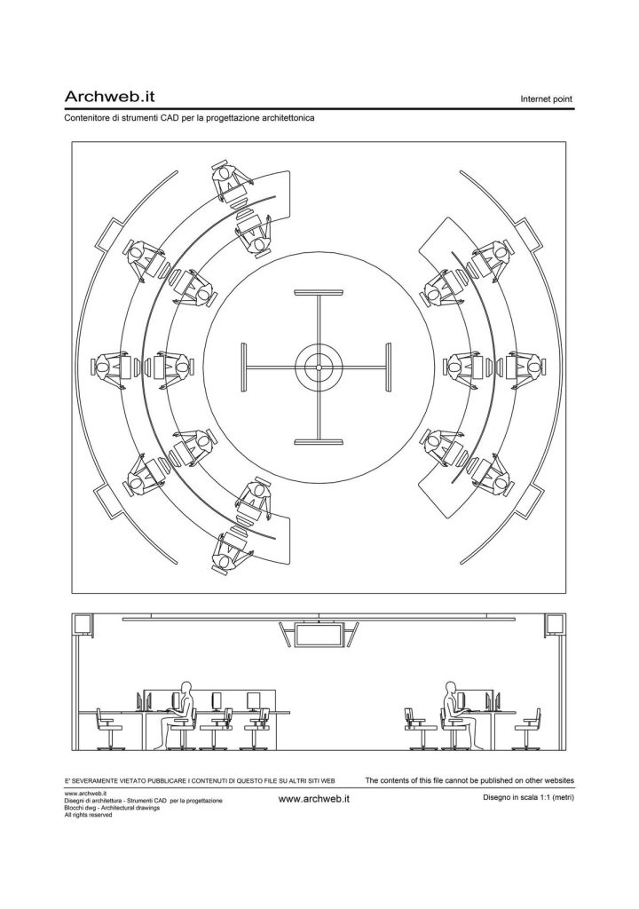 Internet point 06 dwg. Immagine pianta e sezione postazioni pc del file dwg