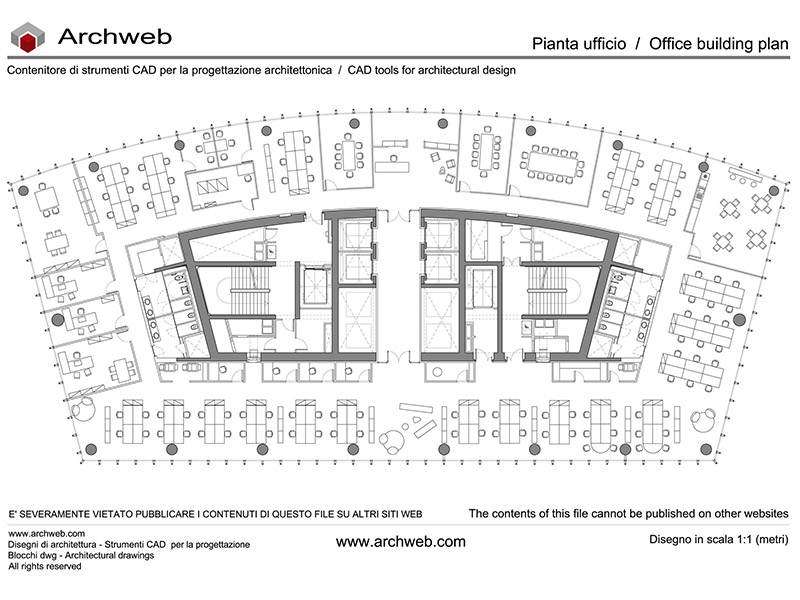 Office scheme 19. Office-type floor plan with central block with vertical connections and open space operational area. Archweb dwg