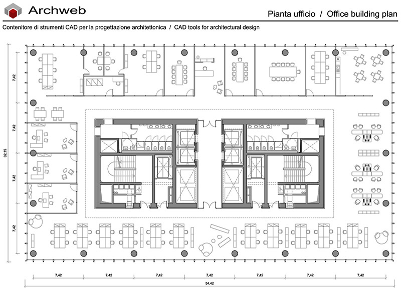Office scheme 20 with open space operational area and several meeting rooms and offices. Central stair block.
