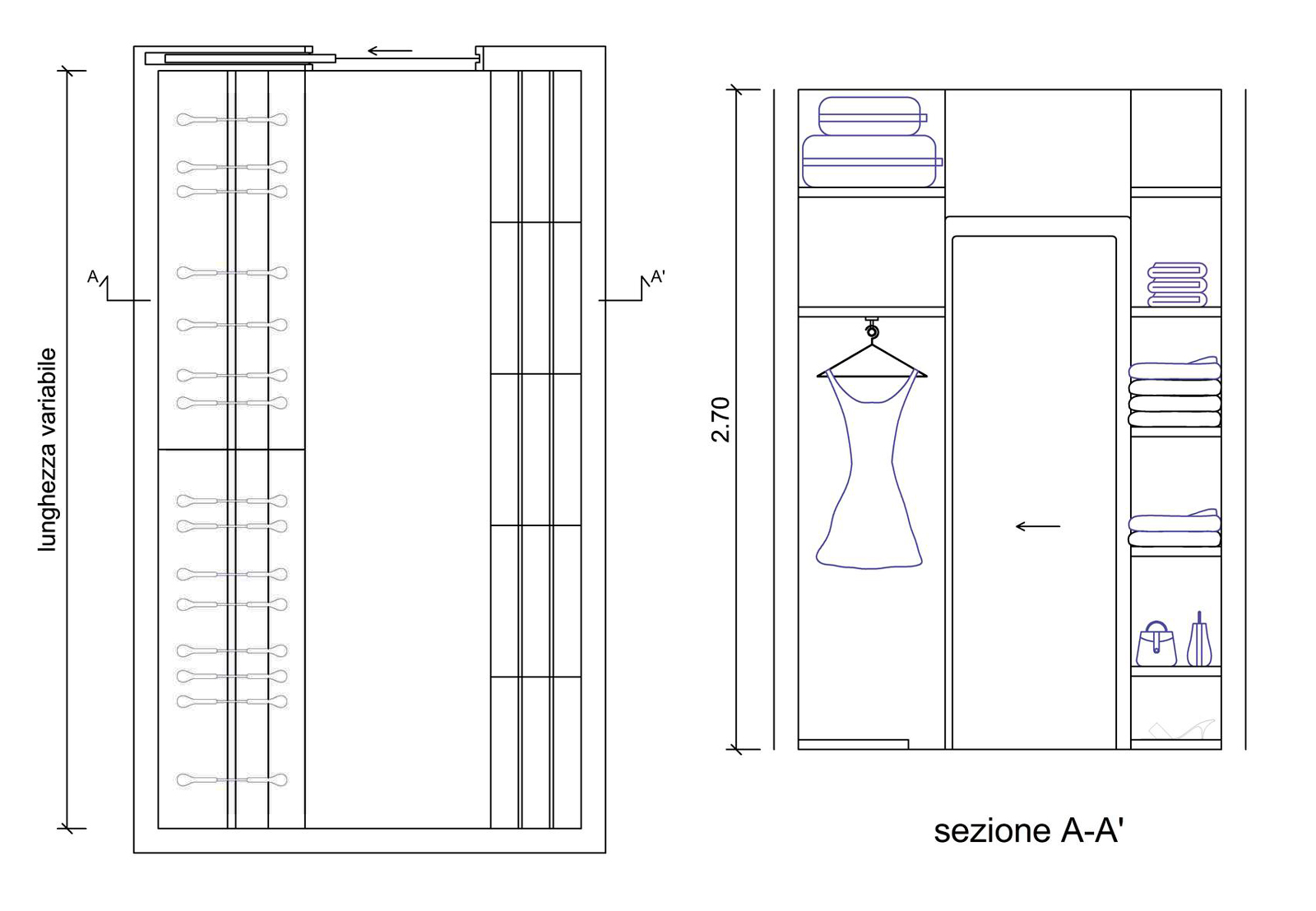 Walk-in closet, plan and elevation dwg