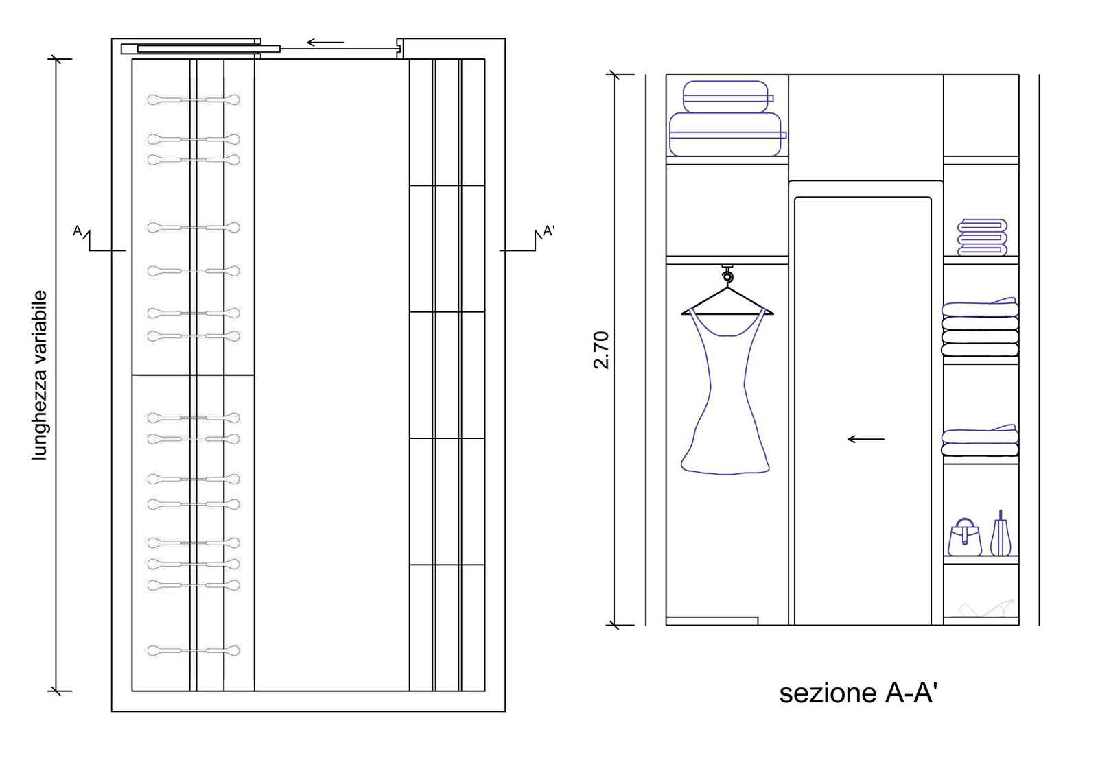 Cabina armadio, pianta e prospetto dwg