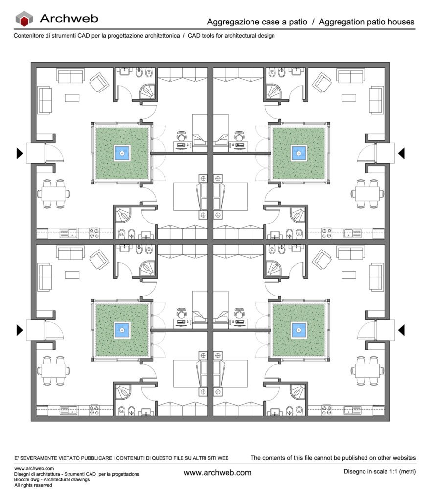 Aggregazione residenze patio 03 - Disegno dwg in scala 1:100 - Archweb