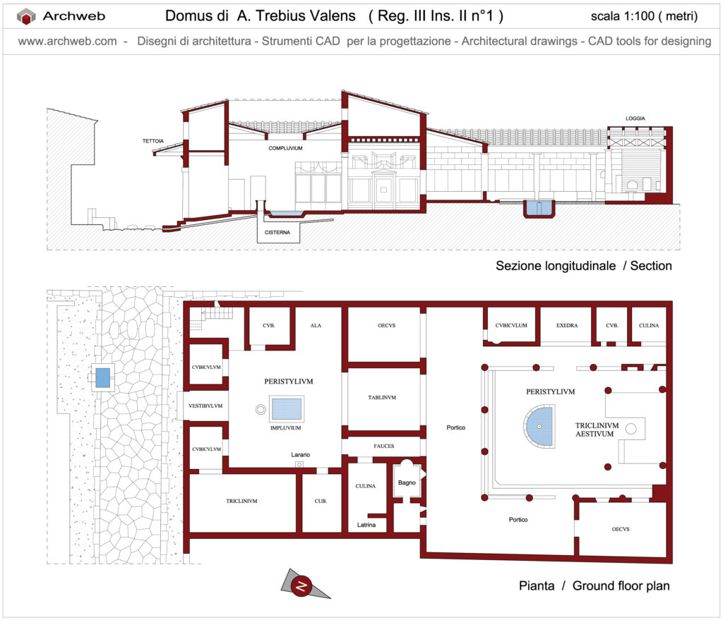 Domus di Trebius Valens dwg. L'immagine di anteprima deriva dal nostro disegno dwg e rappresenta il contenuto del file dwg. Scala 1:100