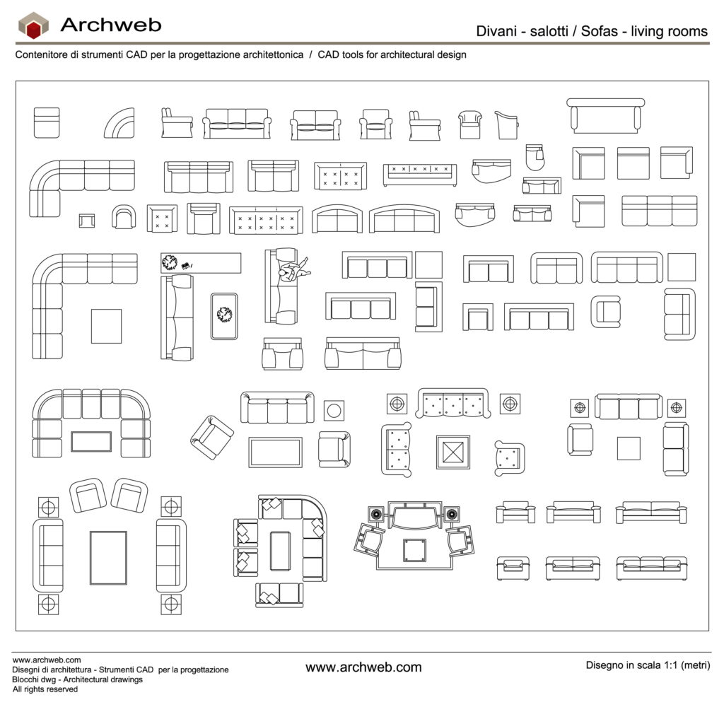 Divani vari in pianta e prospetto