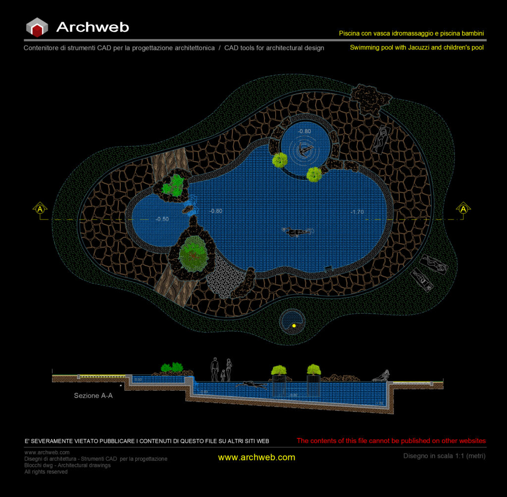 Piscina con rocce e cascata dwg