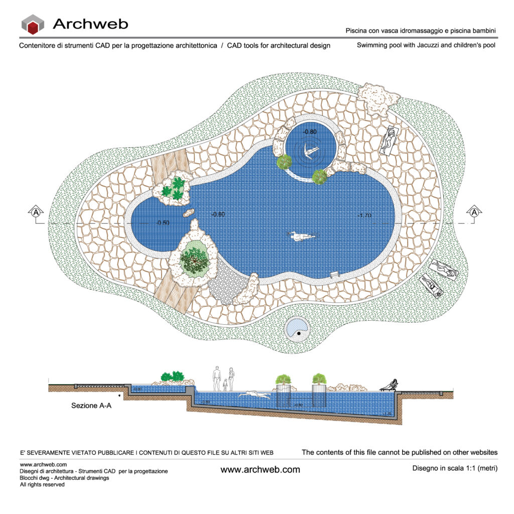 Piscina con rocce e cascata dwg