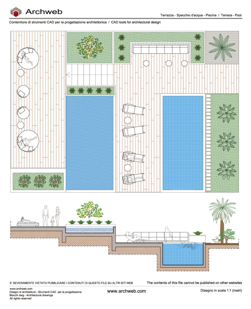 Terrazze con specchio d'acqua e piscina dwg