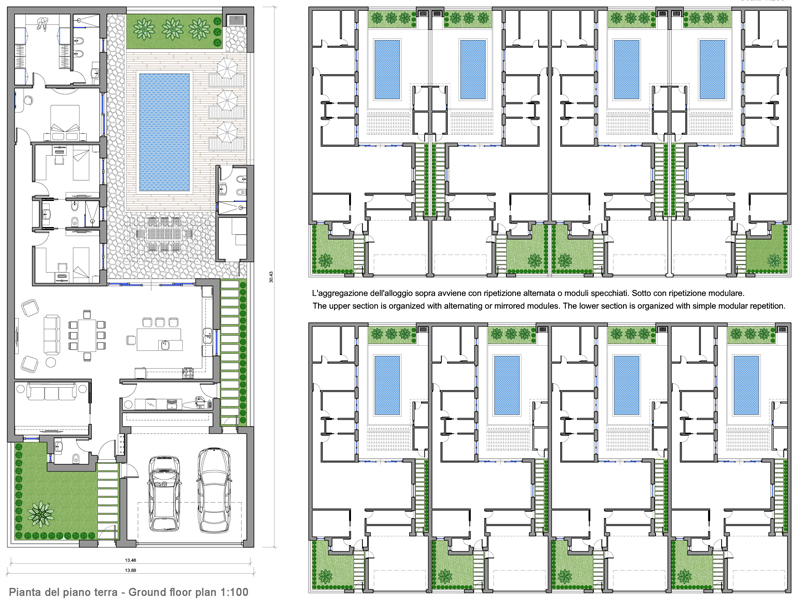 Case a schiera 45 dwg. Schema progettuale di case a schiera con una soluzione contemporanea su un unico livello con ampie aree esterne.