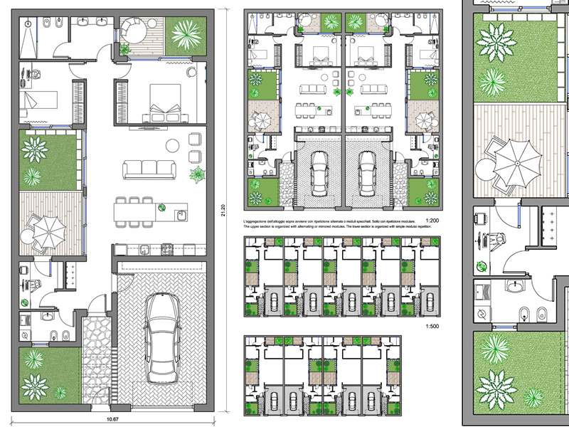Casa a schiera con patio e giardino. Dwg in scala 1:100