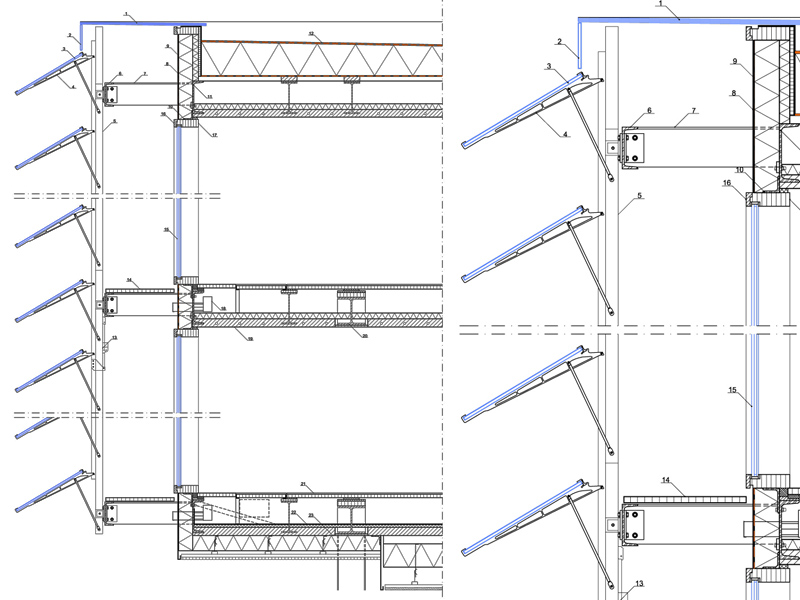 Sezione facciata con schermo a vetri. Scala 1:20