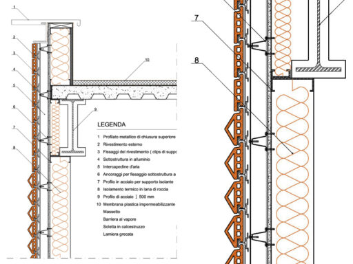 Dettaglio tecnico di una facciata ventilata. Disegno dwg in scala 1:20