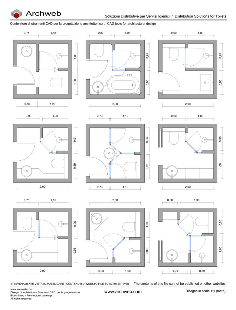 Soluzioni Distributive per Bagni 2×2. Piante in dwg scala 1:100