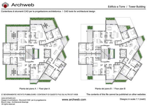 Torre residenziale 22 dwg. Schema progettuale con due piante in scala 1:100