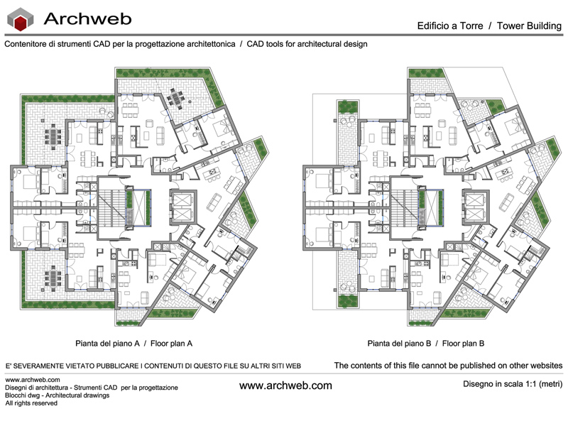 Torre residenziale 22 dwg. Schema progettuale con due piante in scala 1:100