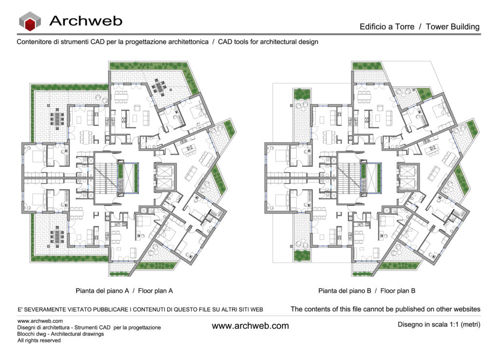 Torre residenziale 22 dwg. Schema progettuale con due piante in scala 1:100